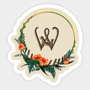 Tropical Flowers on a circular frame around girl figure and letter W Sticker